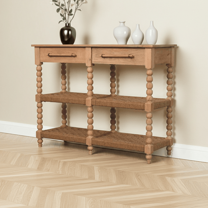 Mid-Century Modern Savoy Bobbin Console with Jute Shelves - Entryway & Hallway Table - main view showing handcrafted...