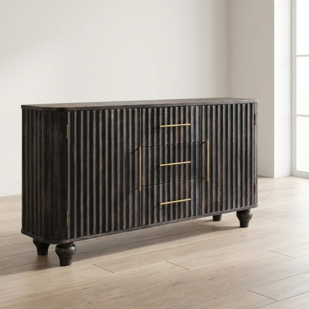 Mid-Century Modern Savoy Sideboard - Solid Mango Wood Buffet Cabinet for Dining Room - main view showing handcrafted...