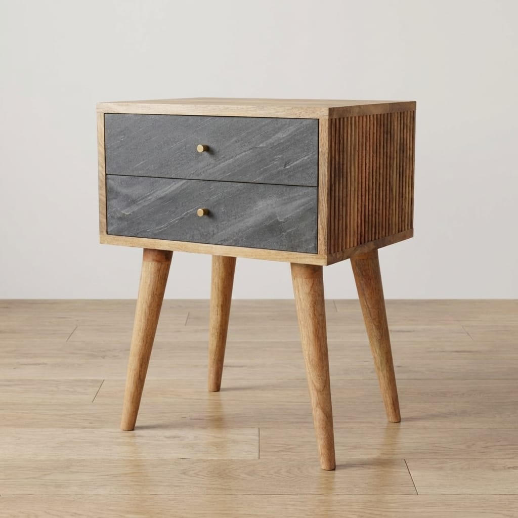 Mid-Century Modern Slade Nightstand - Solid Mango Wood Bedside Table for Bedroom - main view showing handcrafted solid...