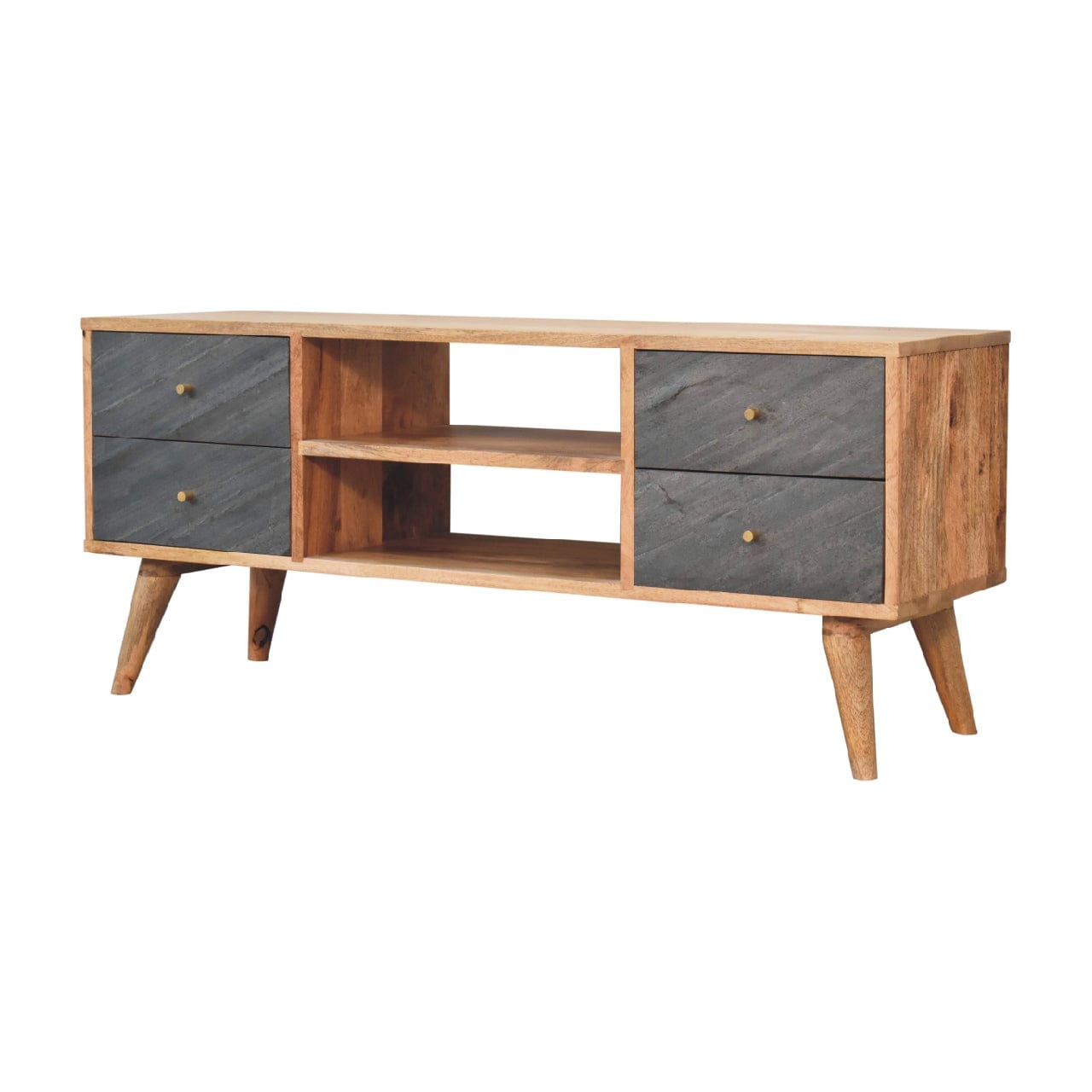 Mid-Century Modern Slade TV Stand - Solid Mango Wood Entertainment Center for Living Room - main view showing handcrafted...