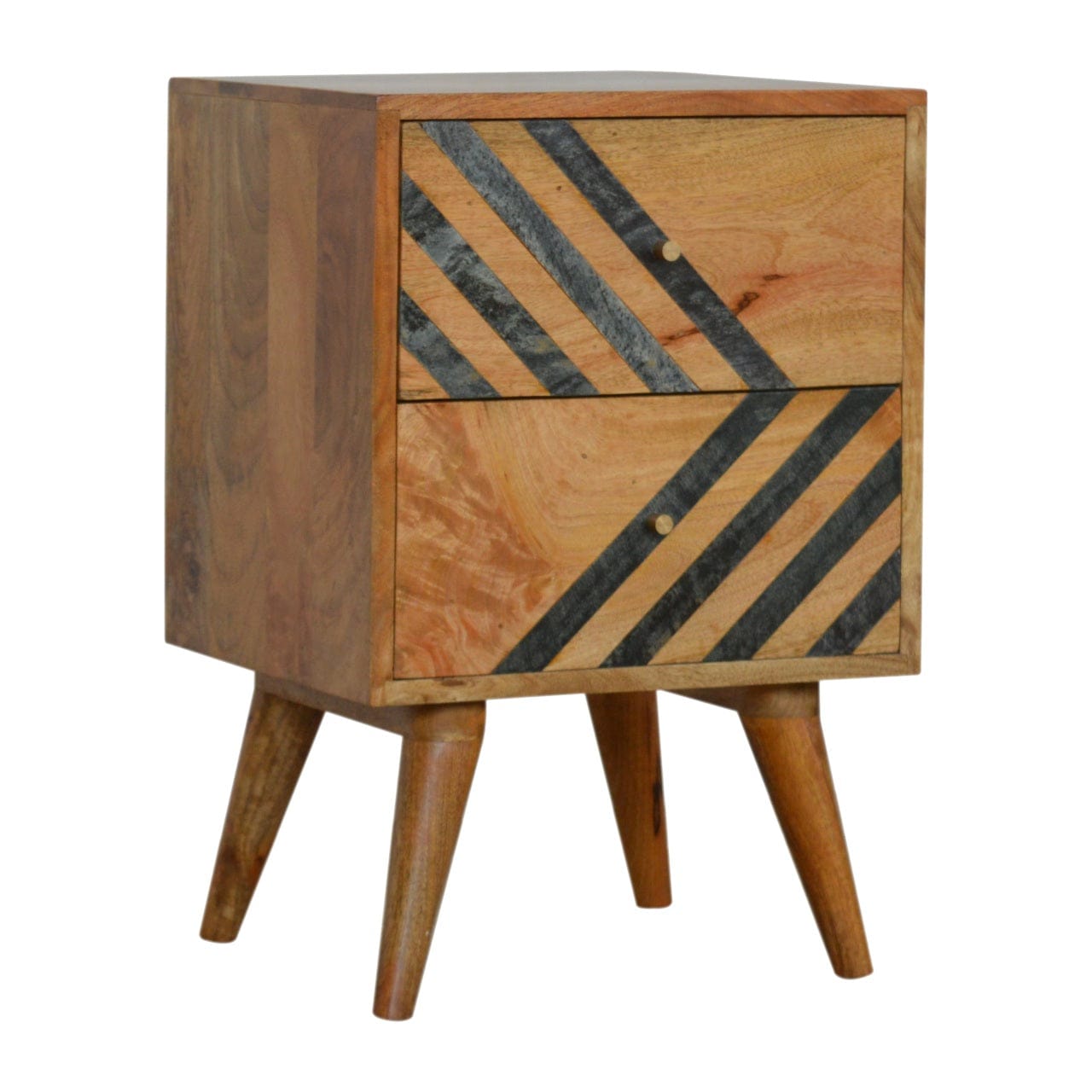 Mid-Century Modern Slate Pattern Nightstand - Solid Mango Wood Bedside Table for Bedroom - main view showing handcrafted...