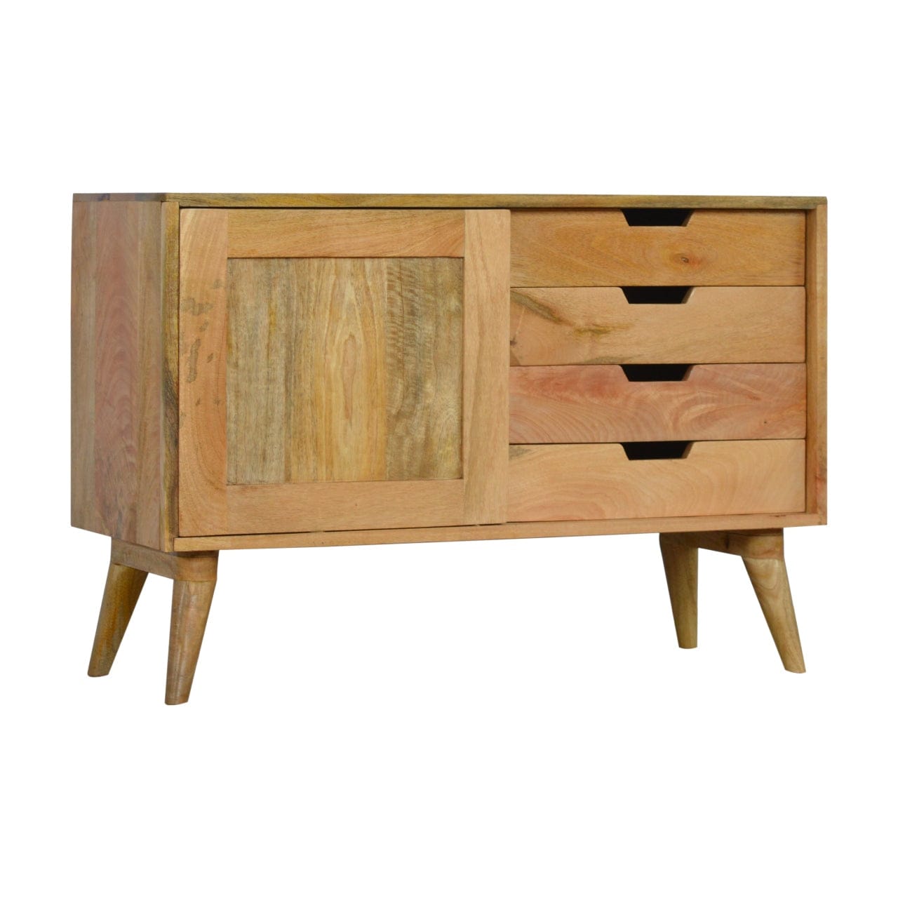 Mid-Century Modern Sliding Sideboard - Solid Mango Wood Buffet Cabinet for Dining Room - main view showing handcrafted...