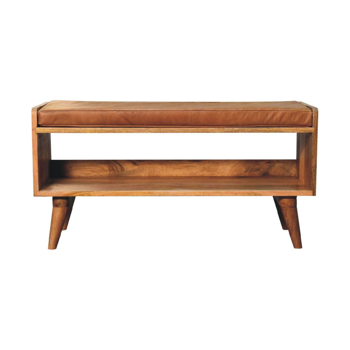 Mid-Century Modern Oak-ish Bench - Solid Mango Wood Seating Furniture for Entryway - main view showing handcrafted solid...