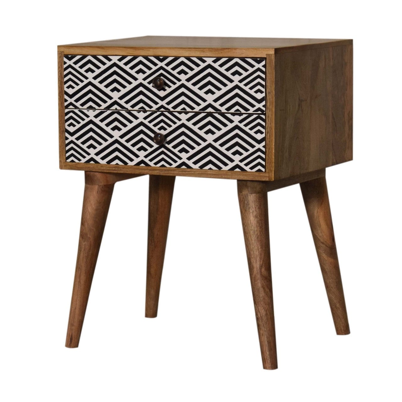 Mid-Century Modern Vector Nightstand - Solid Mango Wood Bedside Table for Bedroom - product view 2 showing handcrafted...