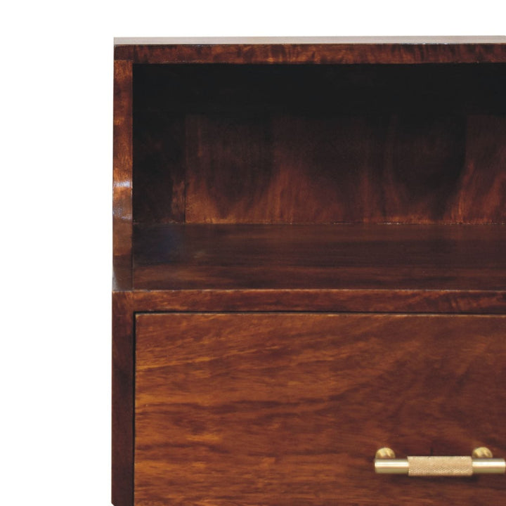 Mid-Century Modern T-bar Raised Back Nightstand - Solid Mango Wood Bedside Table for Bedroom - product view 5 showing...