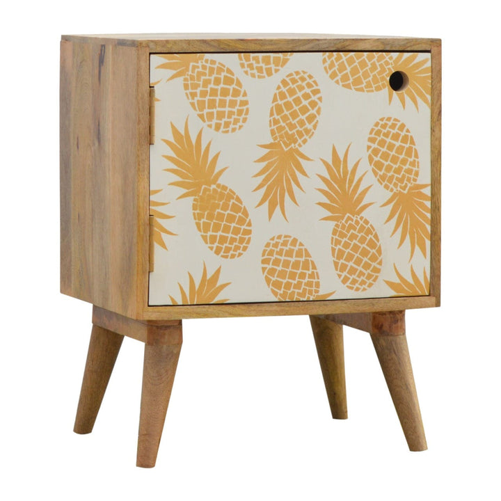 Mid-Century Modern Solid Woodapple Screen Print Nightstand - Solid Mango Wood Bedside Table for Bedroom - main view...
