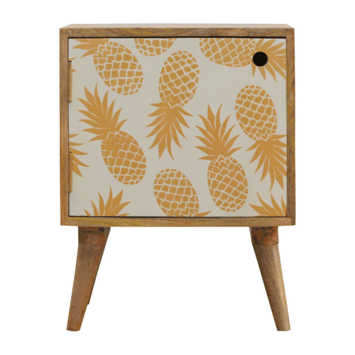 Mid-Century Modern Solid Woodapple Screen Print Nightstand - Solid Mango Wood Bedside Table for Bedroom - product view 8...