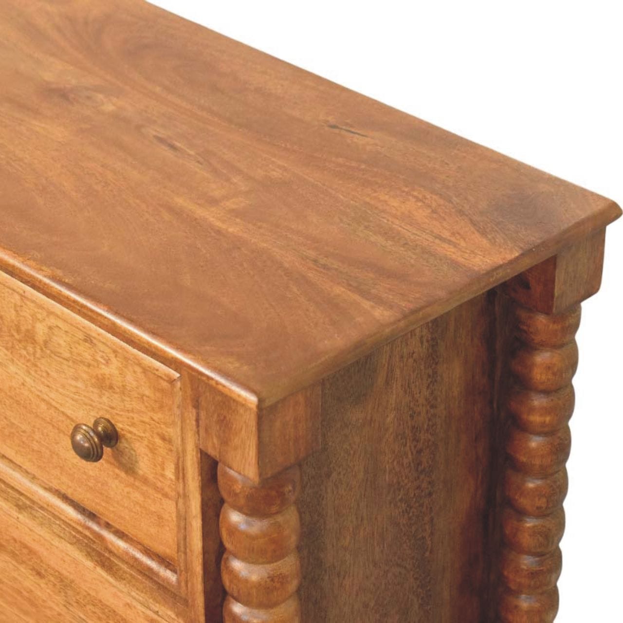 Mid-Century Modern Spindle Dresser - Solid Mango Wood Storage Chest for Bedroom - product view 4 showing handcrafted...