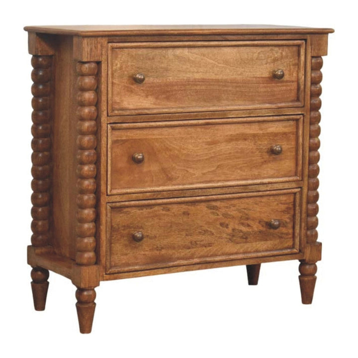 Mid-Century Modern Spindle Dresser - Solid Mango Wood Storage Chest for Bedroom - product view 2 showing handcrafted...