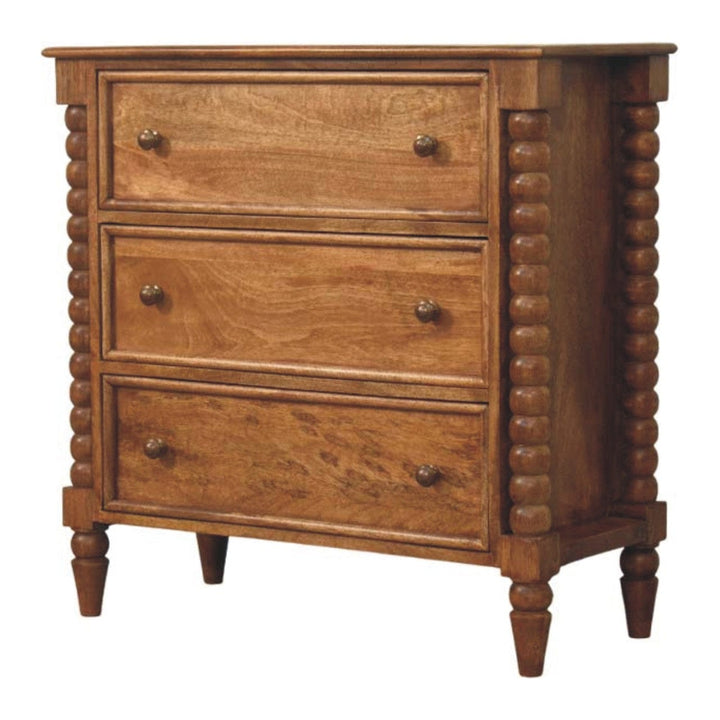 Mid-Century Modern Spindle Dresser - Solid Mango Wood Storage Chest for Bedroom - main view showing handcrafted solid...