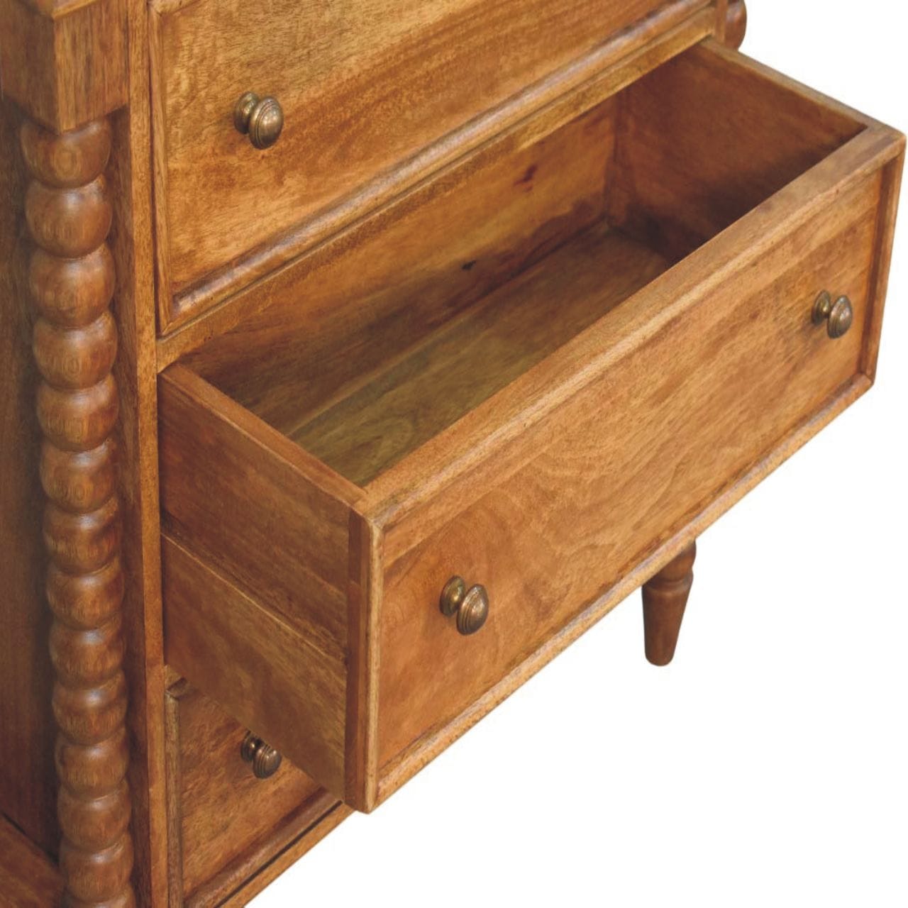 Mid-Century Modern Spindle Dresser - Solid Mango Wood Storage Chest for Bedroom - product view 5 showing handcrafted...