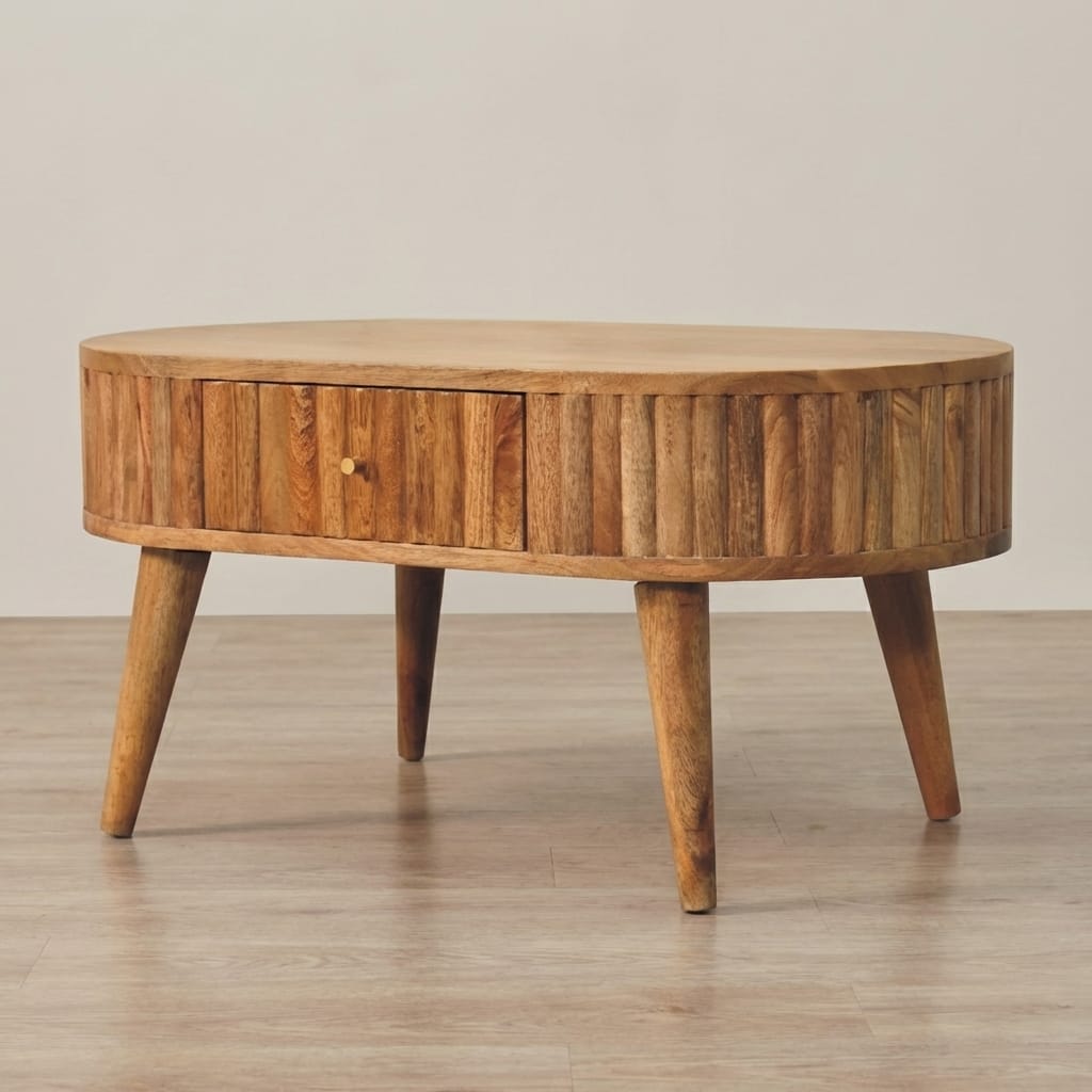 Mid-Century Modern Stripe Coffee Table - Solid Mango Wood Center Table for Living Room - main view showing handcrafted...