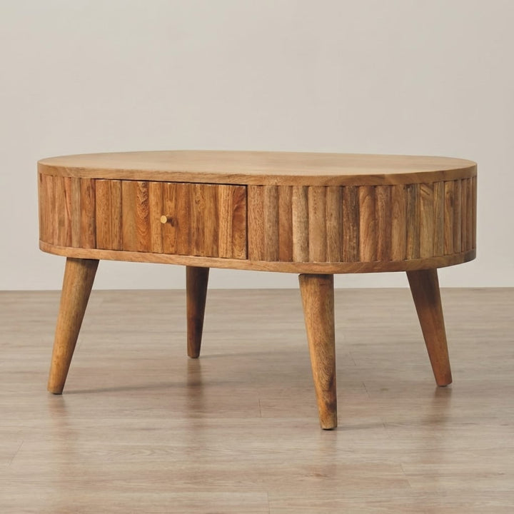 Mid-Century Modern Stripe Coffee Table - Solid Mango Wood Center Table for Living Room - main view showing handcrafted...