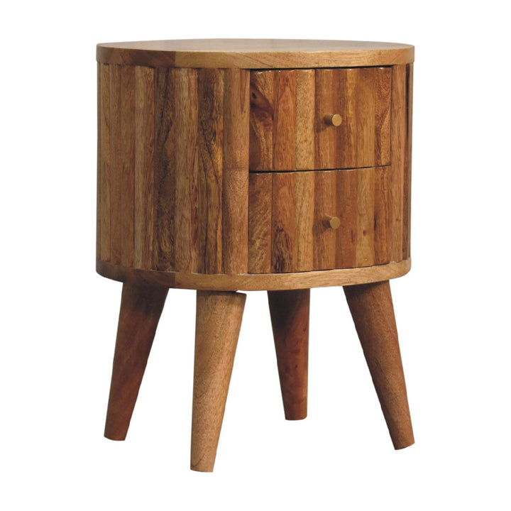 Mid-Century Modern Stripe Nightstand - Solid Mango Wood Bedside Table for Bedroom - product view 2 showing handcrafted...