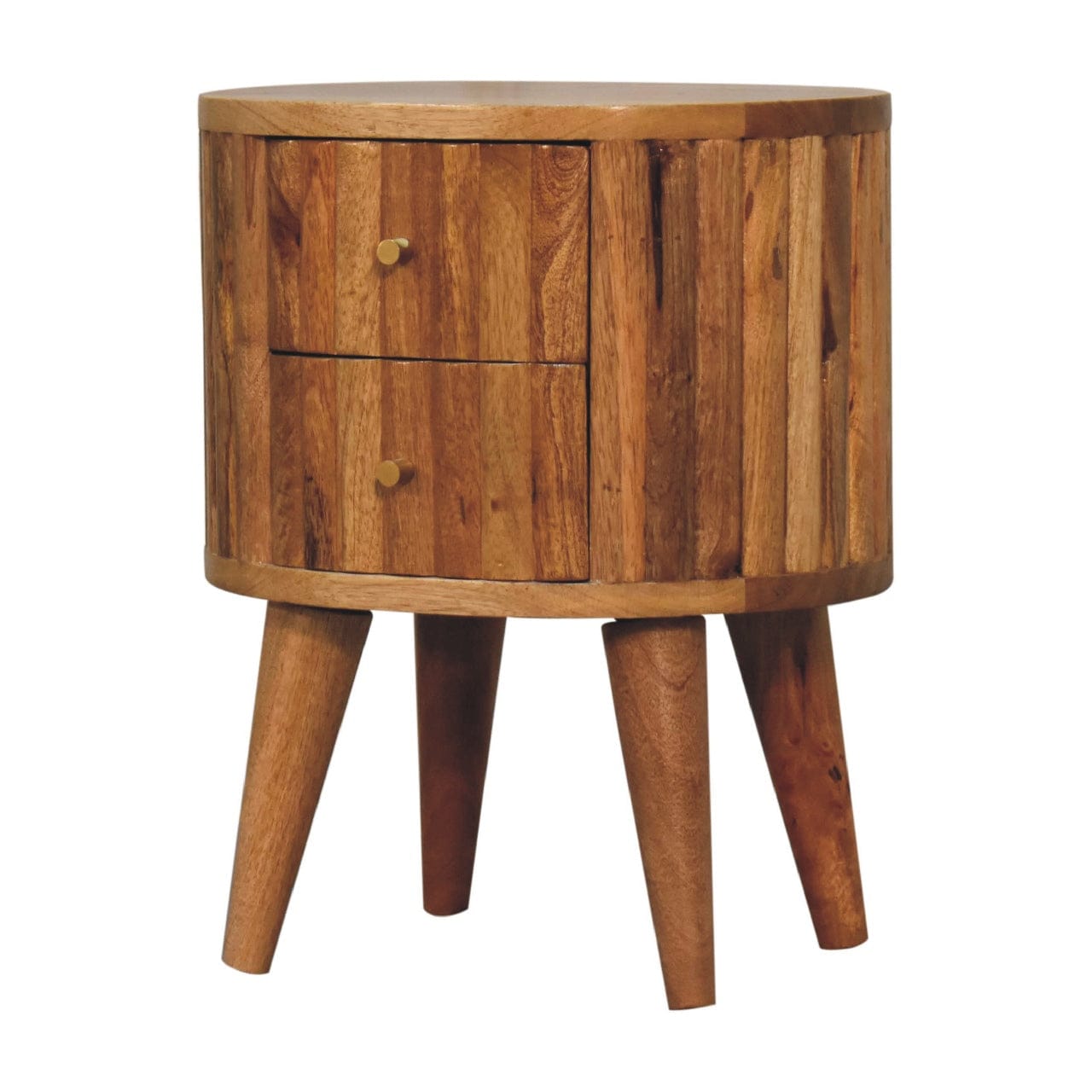 Mid-Century Modern Stripe Nightstand - Solid Mango Wood Bedside Table for Bedroom - product view 3 showing handcrafted...