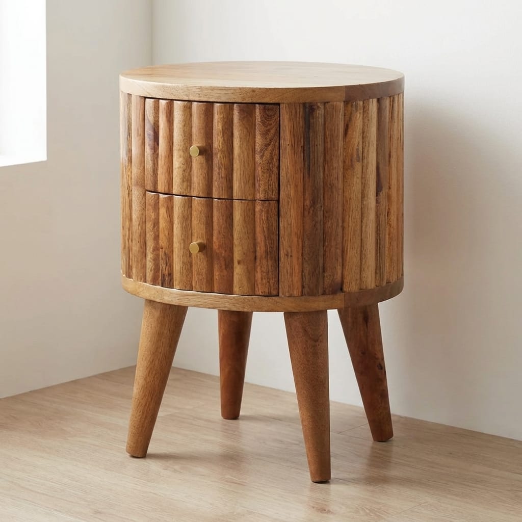 Mid-Century Modern Stripe Nightstand - Solid Mango Wood Bedside Table for Bedroom - main view showing handcrafted solid...