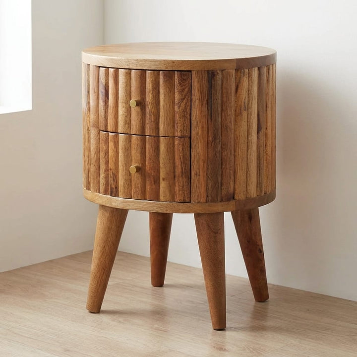 Mid-Century Modern Stripe Nightstand - Solid Mango Wood Bedside Table for Bedroom - main view showing handcrafted solid...