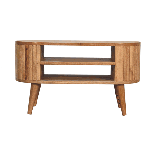 Mid-Century Modern Stripe TV Stand - Solid Mango Wood Entertainment Center for Living Room - product view 8 showing...