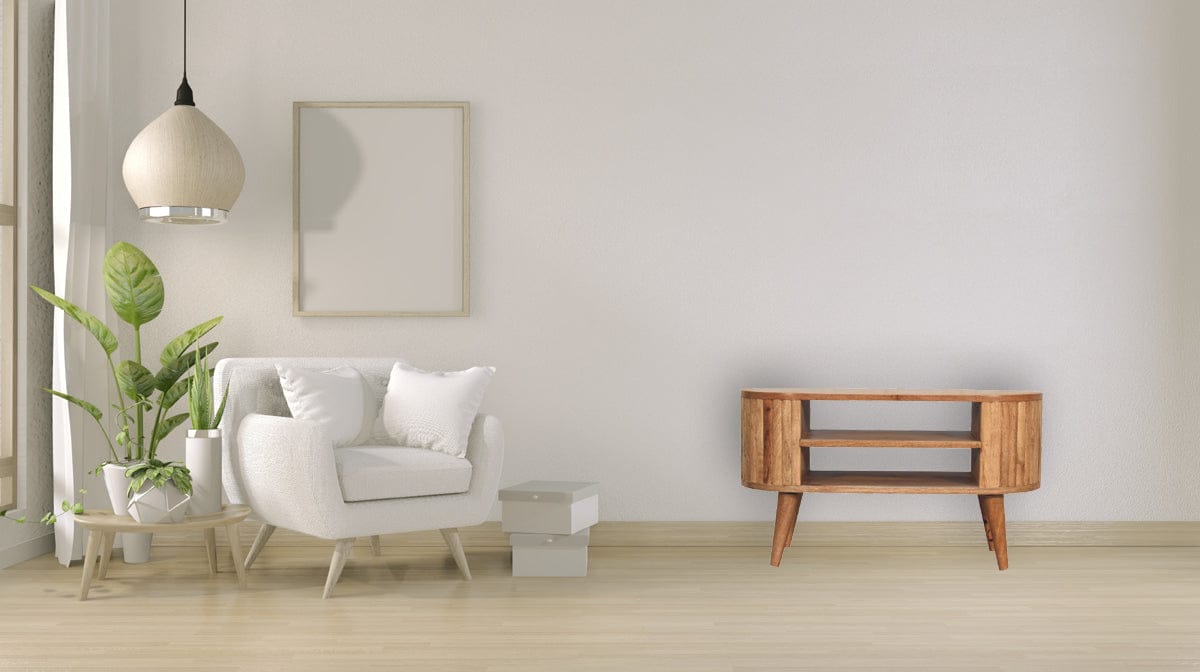 Mid-Century Modern Stripe TV Stand - Solid Mango Wood Entertainment Center for Living Room - product view 7 showing...