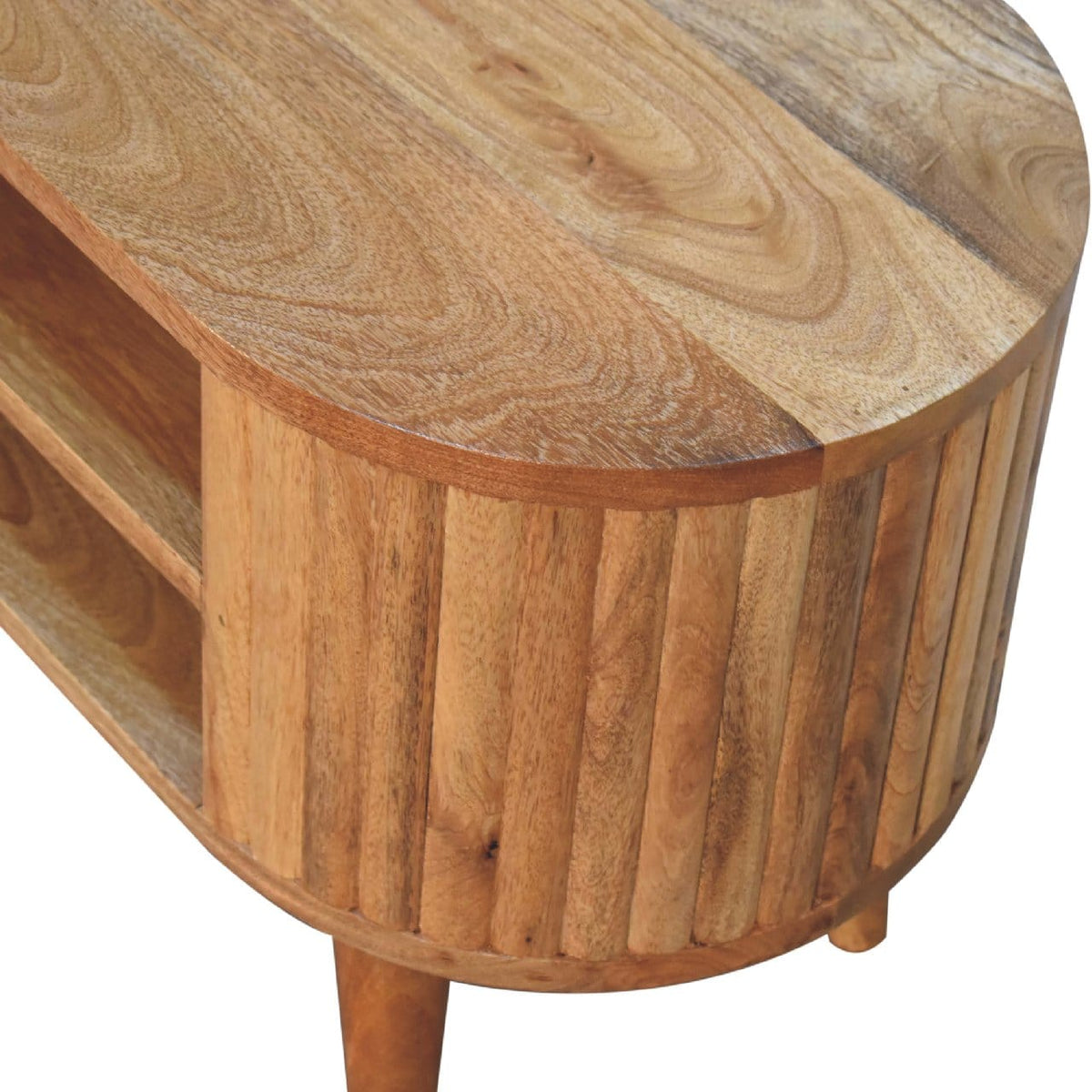 Mid-Century Modern Stripe TV Stand - Solid Mango Wood Entertainment Center for Living Room - product view 4 showing...