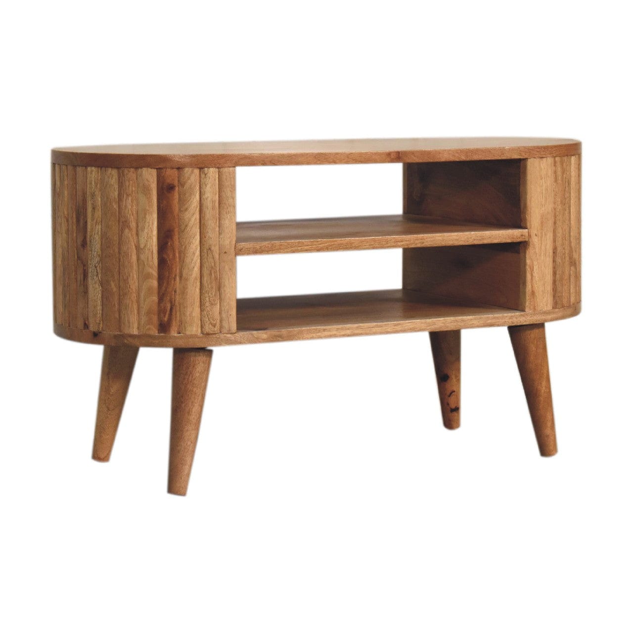 Mid-Century Modern Stripe TV Stand - Solid Mango Wood Entertainment Center for Living Room - product view 2 showing...