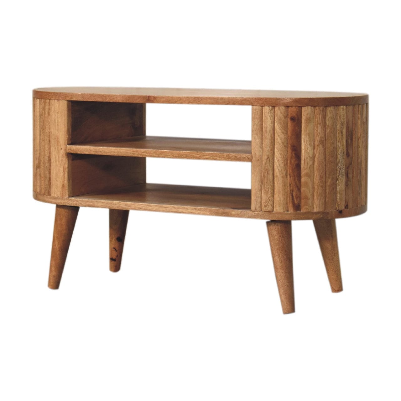 Mid-Century Modern Stripe TV Stand - Solid Mango Wood Entertainment Center for Living Room - main view showing...