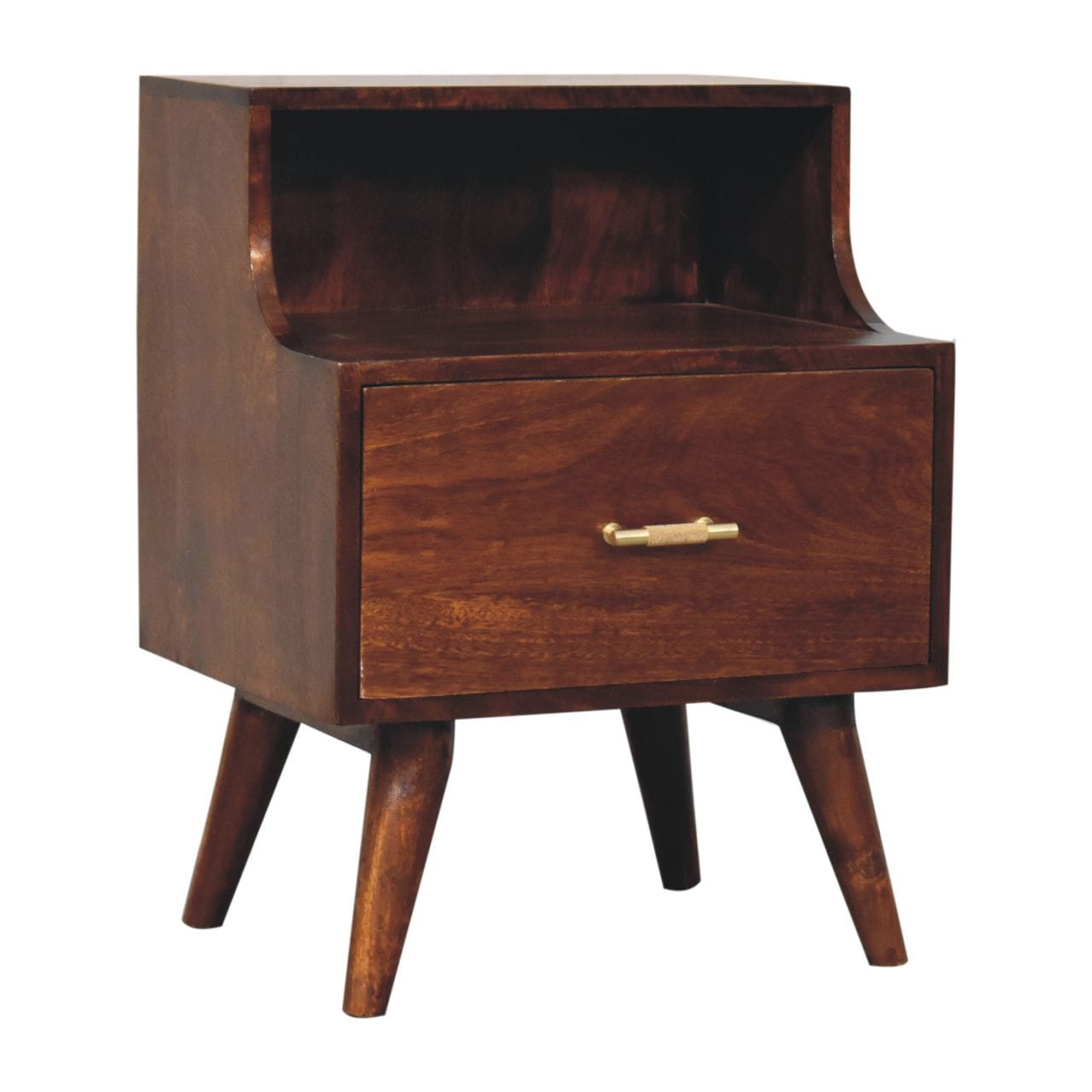 Mid-Century Modern T-bar Raised Back Nightstand - Solid Mango Wood Bedside Table for Bedroom - product view 4 showing...