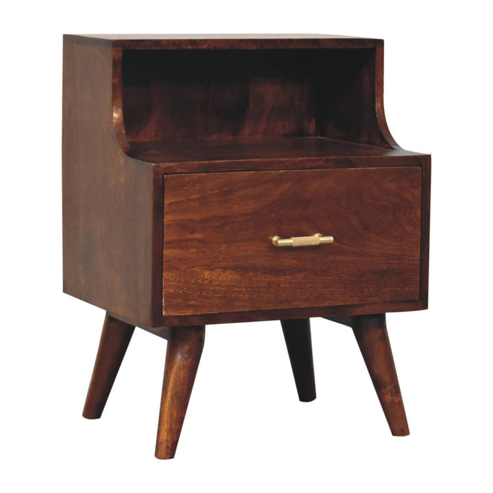 Mid-Century Modern T-bar Raised Back Nightstand - Solid Mango Wood Bedside Table for Bedroom - product view 4 showing...