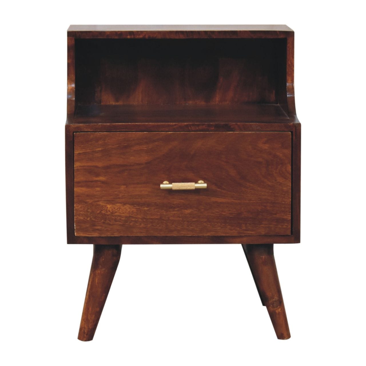 Mid-Century Modern T-bar Raised Back Nightstand - Solid Mango Wood Bedside Table for Bedroom - product view 2 showing...