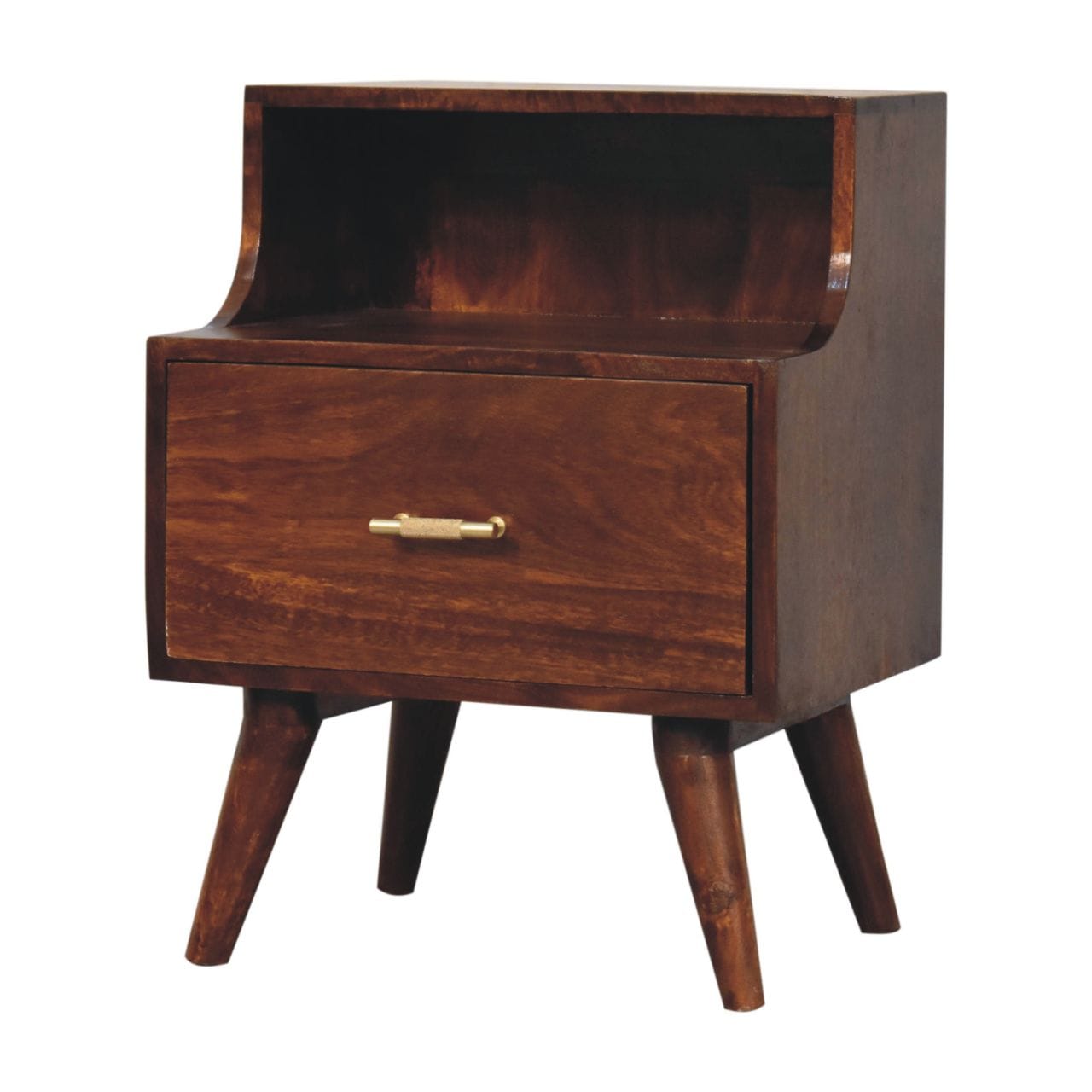 Mid-Century Modern T-bar Raised Back Nightstand - Solid Mango Wood Bedside Table for Bedroom - product view 3 showing...