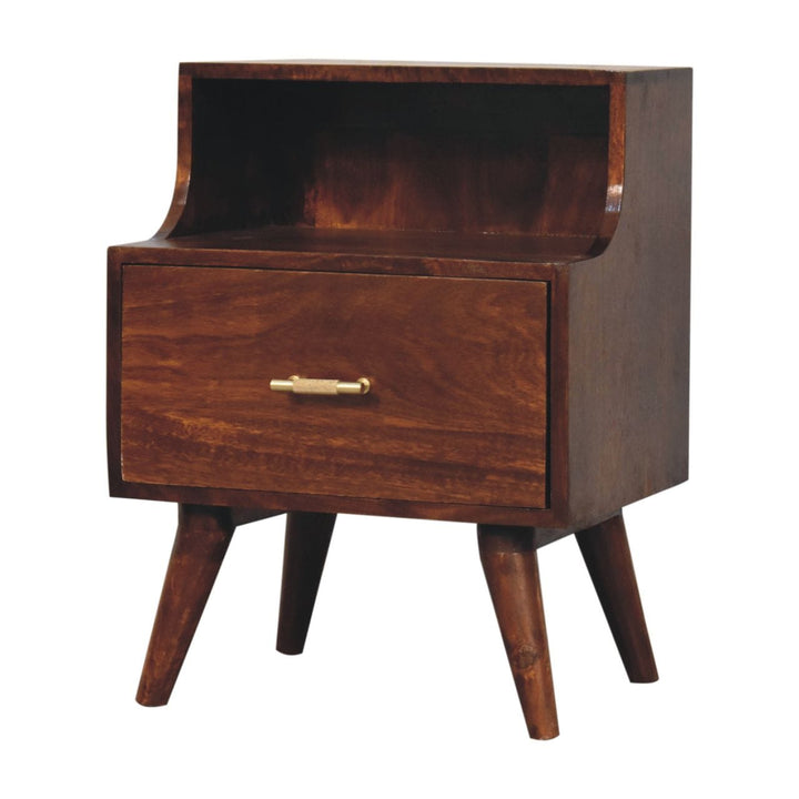 Mid-Century Modern T-bar Raised Back Nightstand - Solid Mango Wood Bedside Table for Bedroom - product view 3 showing...