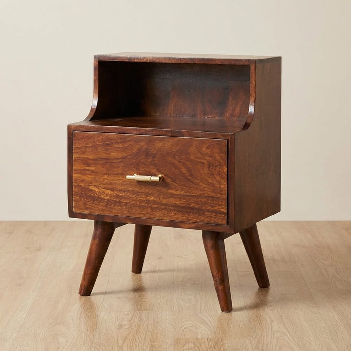 Mid-Century Modern T-bar Raised Back Nightstand - Solid Mango Wood Bedside Table for Bedroom - main view showing...