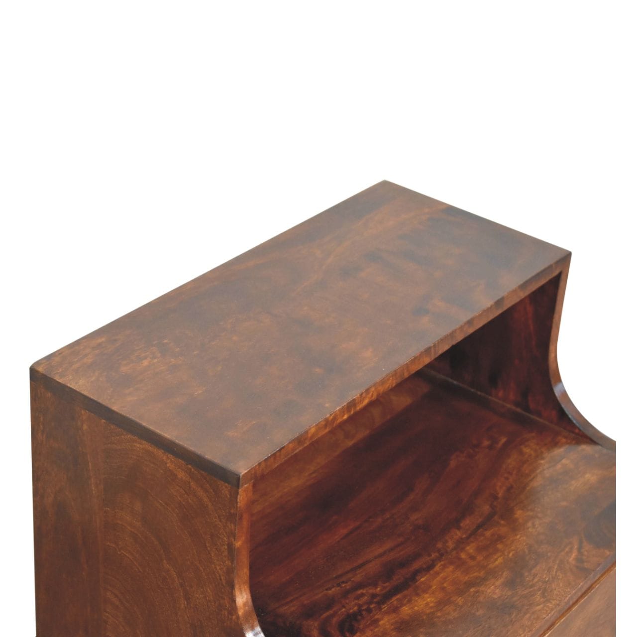 Mid-Century Modern T-bar Raised Back Nightstand - Solid Mango Wood Bedside Table for Bedroom - product view 7 showing...