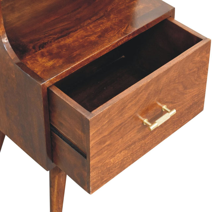 Mid-Century Modern T-bar Raised Back Nightstand - Solid Mango Wood Bedside Table for Bedroom - product view 6 showing...
