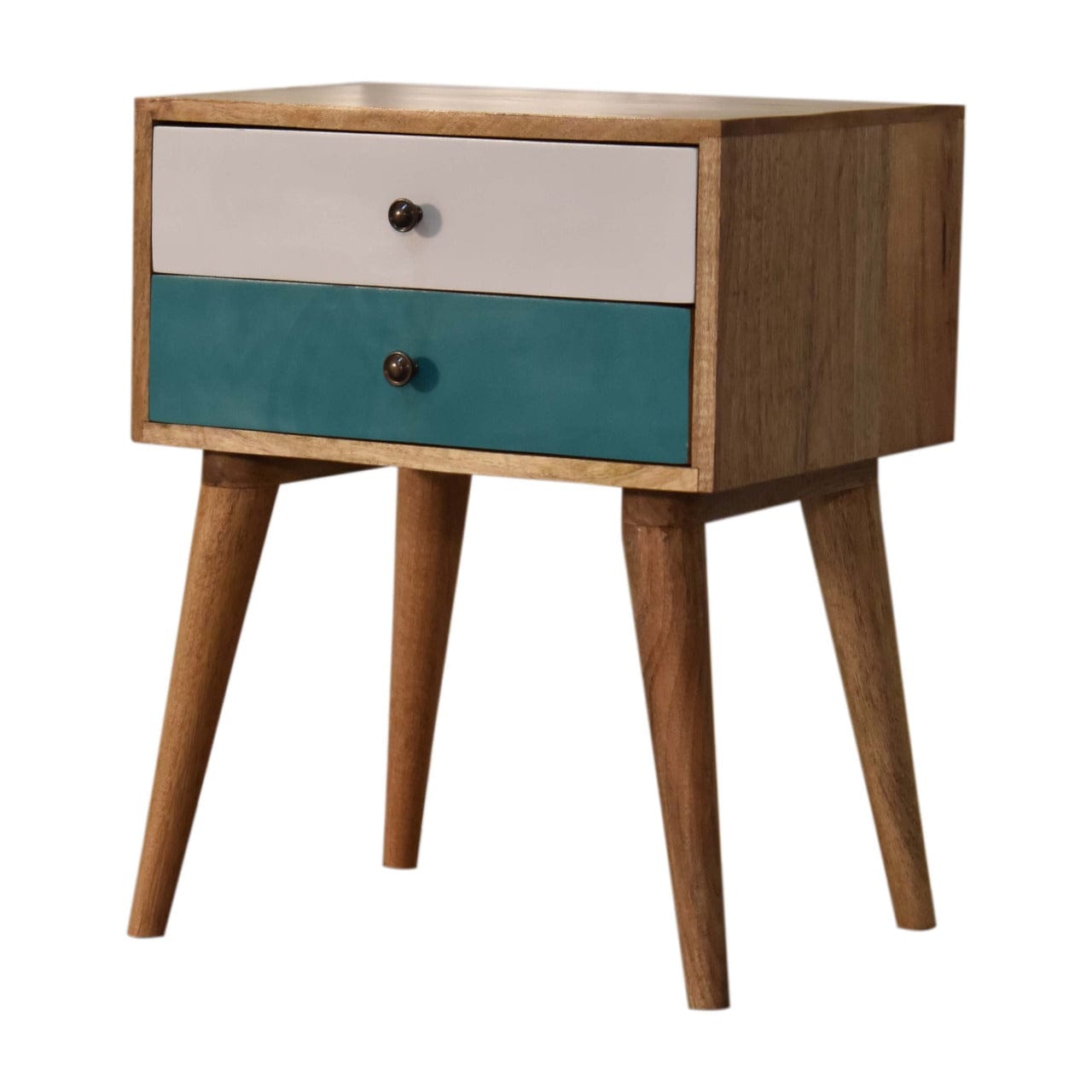 Mid-Century Modern Teal Solid Wood Nightstand - Solid Mango Wood Bedside Table for Bedroom - product view 2 showing...