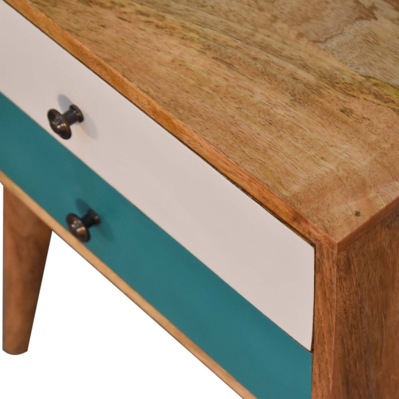 Mid-Century Modern Teal Solid Wood Nightstand - Solid Mango Wood Bedside Table for Bedroom - product view 3 showing...