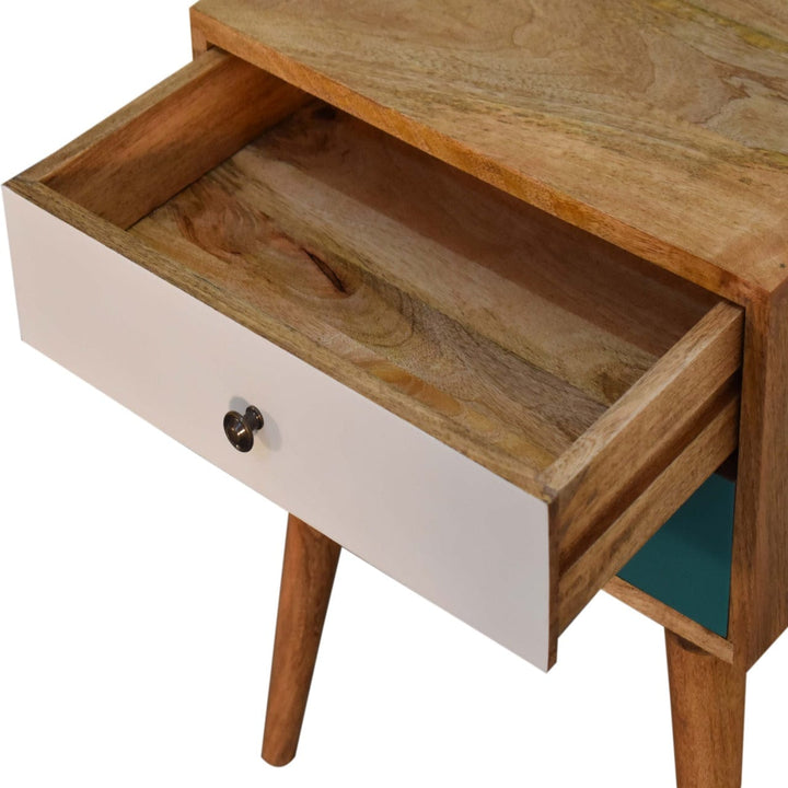 Mid-Century Modern Teal Solid Wood Nightstand - Solid Mango Wood Bedside Table for Bedroom - product view 4 showing...