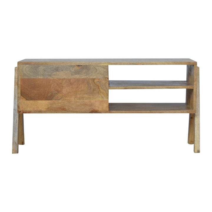 Mid-Century Modern Trestle TV Stand - Solid Mango Wood Entertainment Center for Living Room - product view 8 showing...