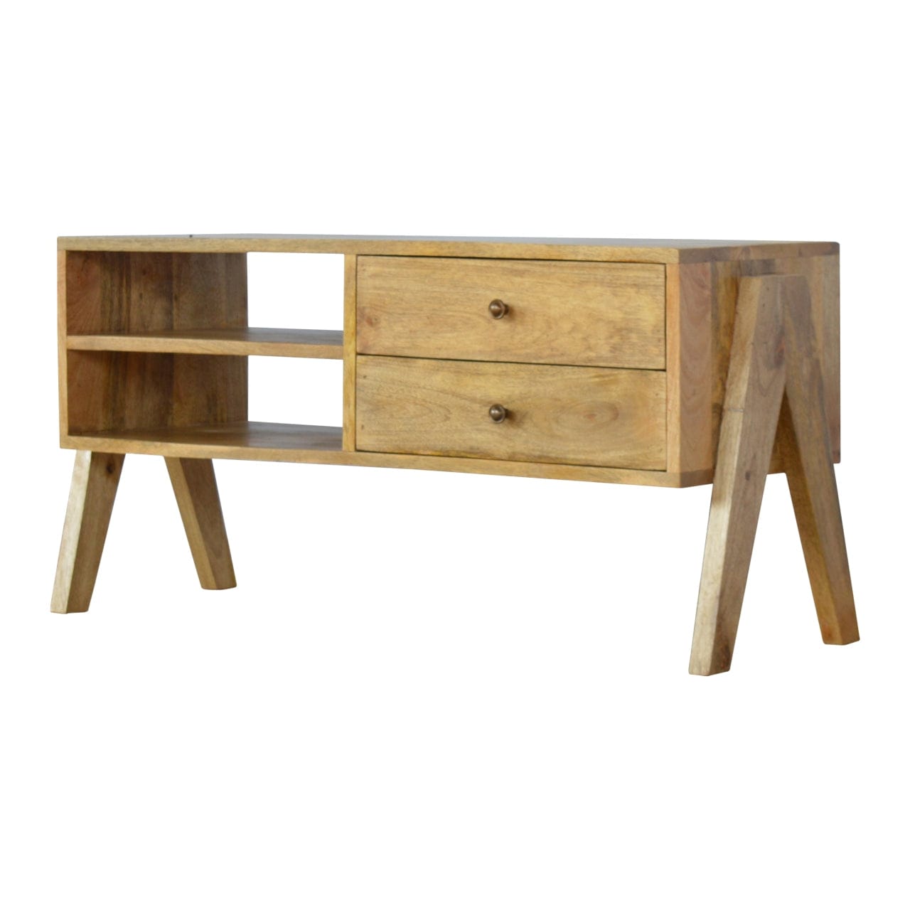 Mid-Century Modern Trestle TV Stand - Solid Mango Wood Entertainment Center for Living Room - product view 2 showing...