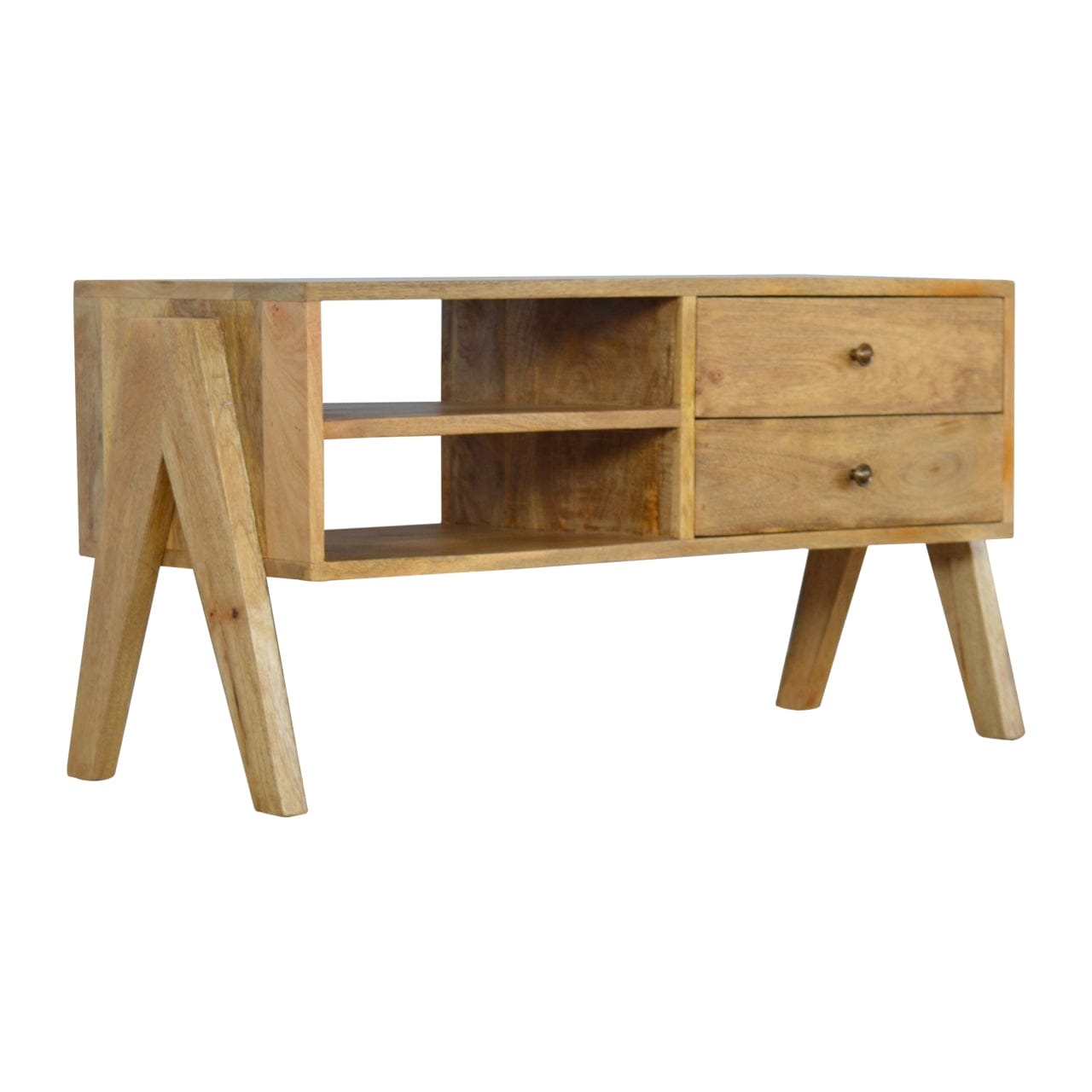 Mid-Century Modern Trestle TV Stand - Solid Mango Wood Entertainment Center for Living Room - main view showing...