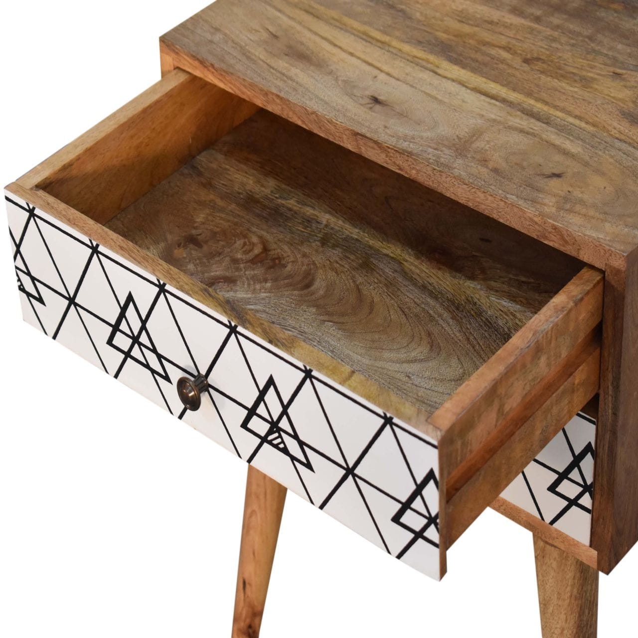Mid-Century Modern Triangular Printed Nightstand - Solid Mango Wood Bedside Table for Bedroom - product view 6 showing...