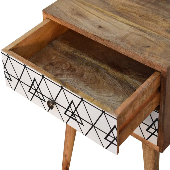Mid-Century Modern Triangular Printed Nightstand - Solid Mango Wood Bedside Table for Bedroom - product view 6 showing...