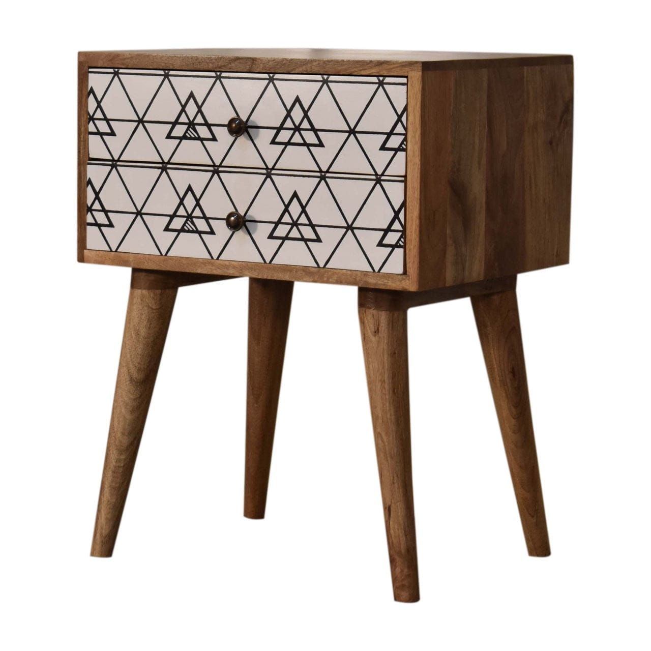 Mid-Century Modern Triangular Printed Nightstand - Solid Mango Wood Bedside Table for Bedroom - product view 3 showing...