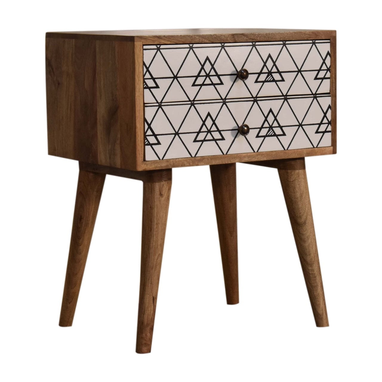 Mid-Century Modern Triangular Printed Nightstand - Solid Mango Wood Bedside Table for Bedroom - product view 2 showing...