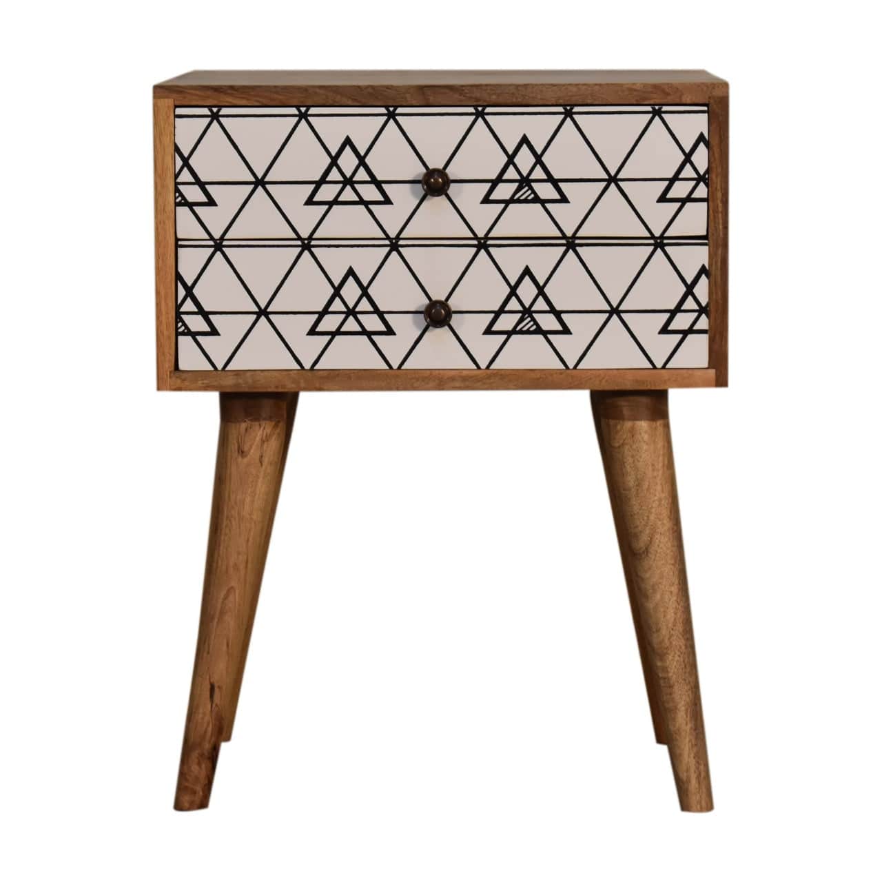 Mid-Century Modern Triangular Printed Nightstand - Solid Mango Wood Bedside Table for Bedroom - main view showing...