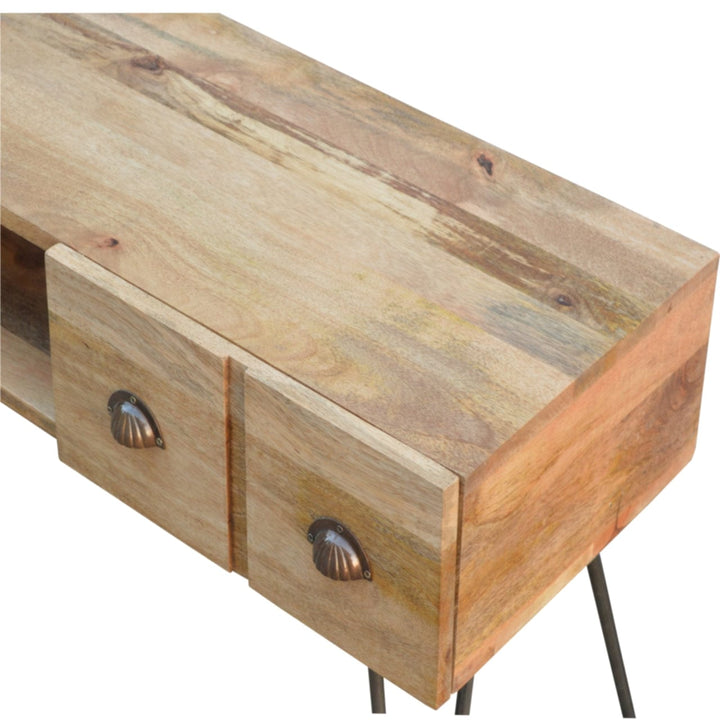 Mid-Century Modern TV Stand - Solid Mango Wood Entertainment Center for Living Room - product view 3 showing handcrafted...