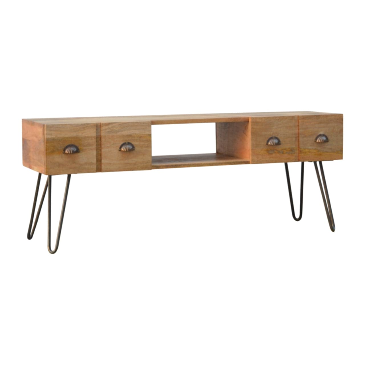 Mid-Century Modern TV Stand - Solid Mango Wood Entertainment Center for Living Room - product view 2 showing handcrafted...