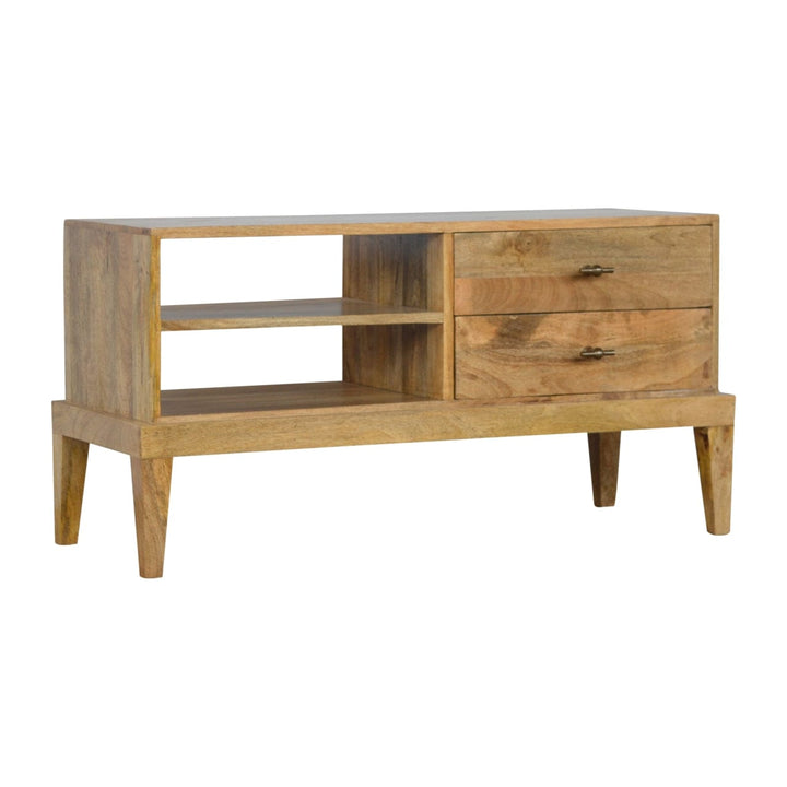 Mid-Century Modern T-Bar TV Stand - Solid Mango Wood Entertainment Center for Living Room - main view showing handcrafted...