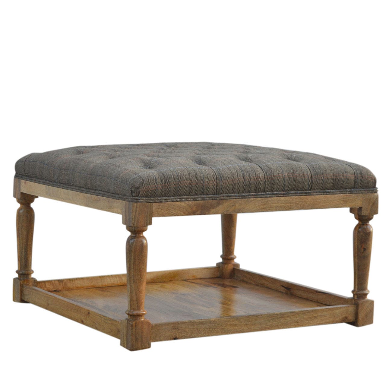 Mid-Century Modern Multi Tweed Footstool - Solid Mango Wood Accent Stool for Living Room - main view showing handcrafted...