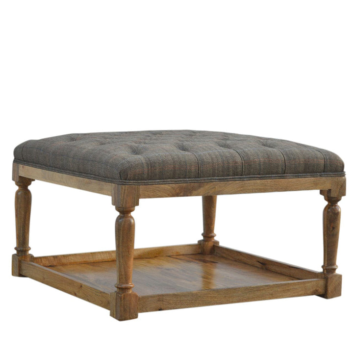 Mid-Century Modern Multi Tweed Footstool - Solid Mango Wood Accent Stool for Living Room - main view showing handcrafted...